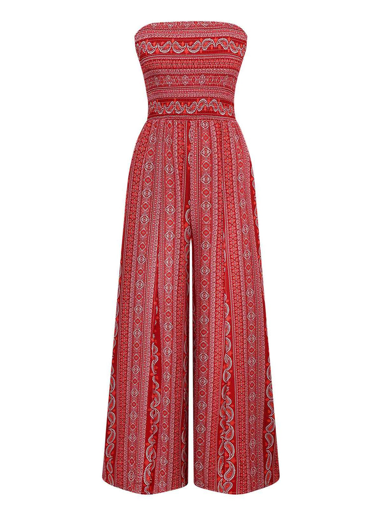 1970s Bohemian Strapless Slit Smocked Jumpsuit - vintage jumpsuit, retro fashion