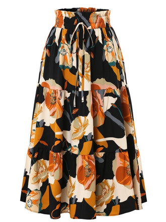 1970s Boho Floral Bow Tiered Skirt - vintage skirt, retro style, elegant red