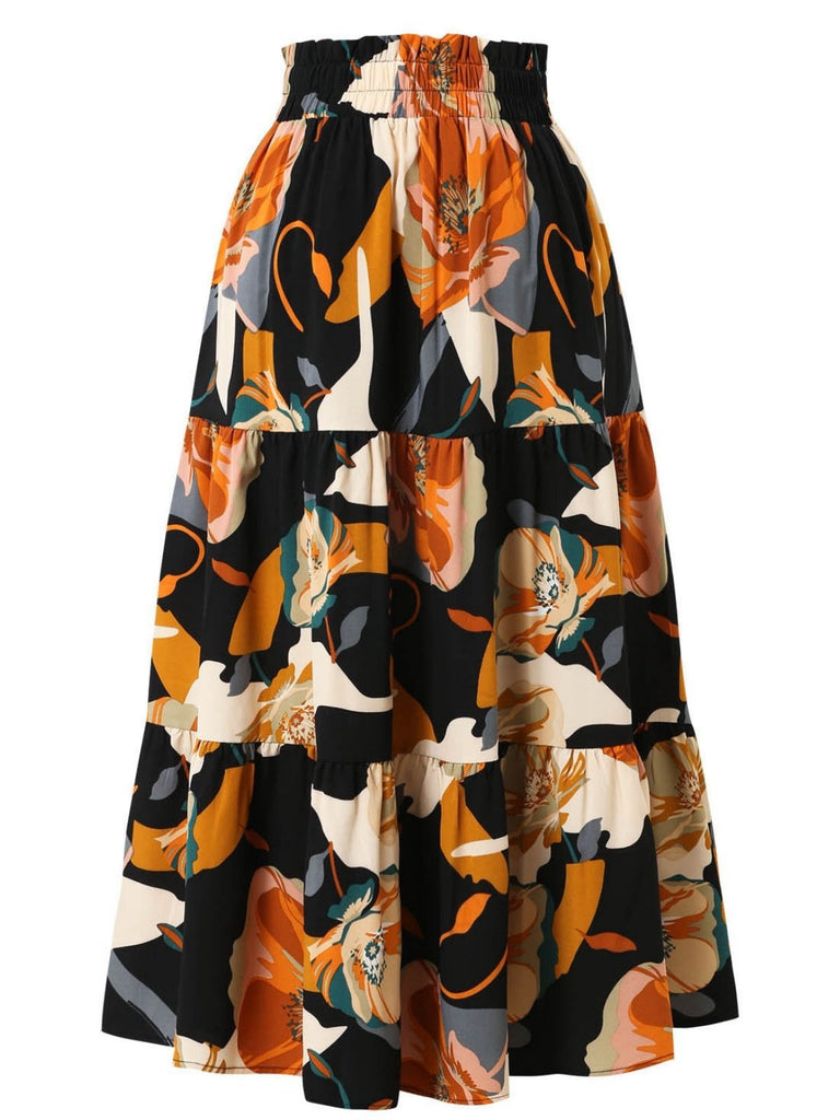 1970s Boho Floral Bow Tiered Skirt - vintage skirt, retro style, elegant red