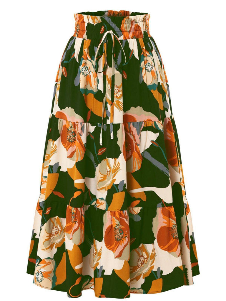 1970s Boho Floral Bow Tiered Skirt - vintage skirt, retro style, elegant red