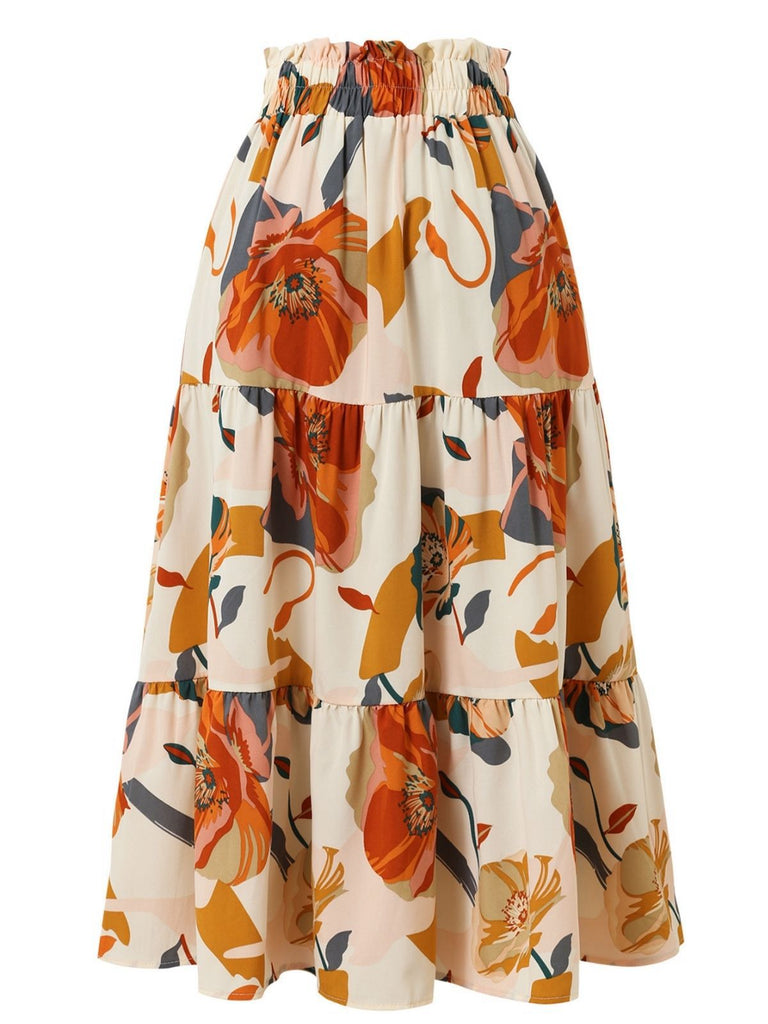 1970s Boho Floral Bow Tiered Skirt - vintage skirt, retro style, elegant red