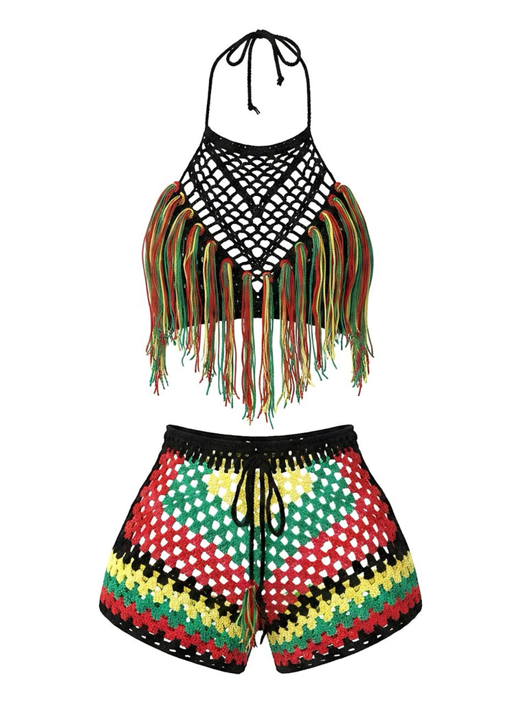 Black 1980s Crochet Fringe Bikini Set, vintage swimsuit, pin-up swimwear - perfect for women who love vintage and retro fashion