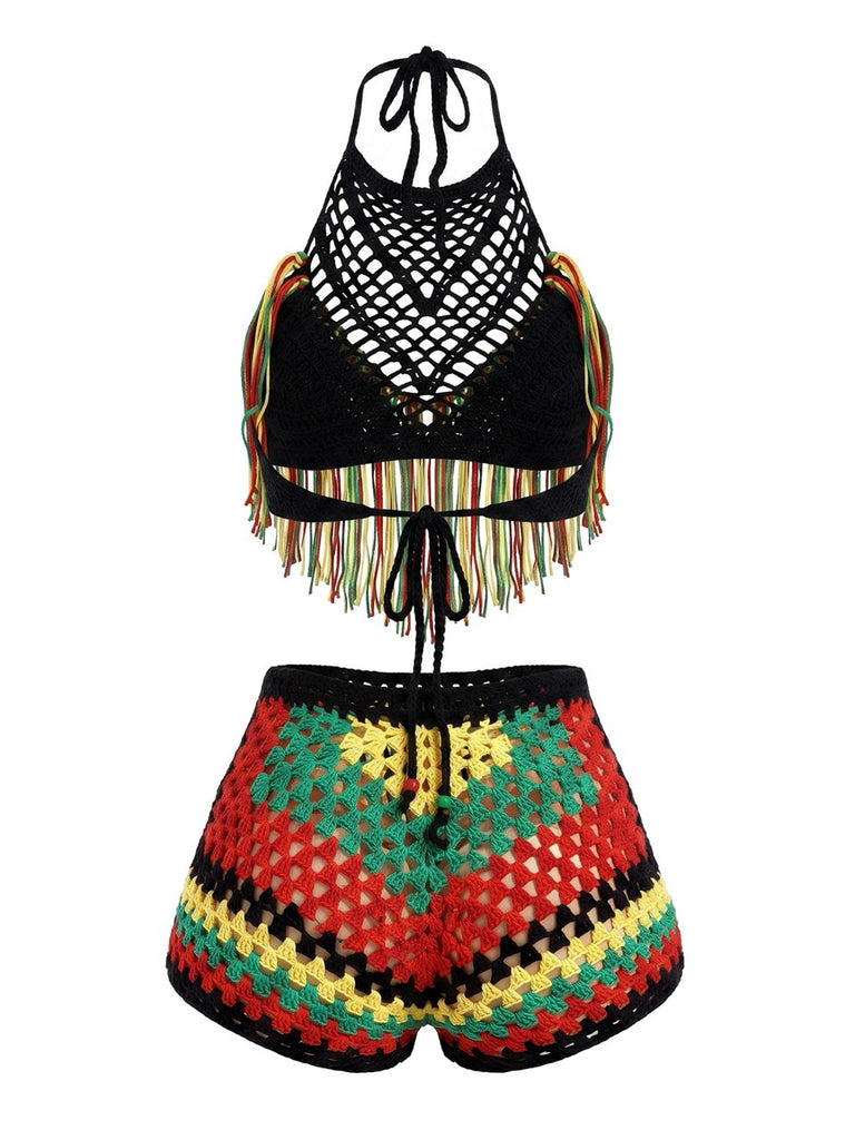 Black 1980s Crochet Fringe Bikini Set, vintage swimsuit, pin-up swimwear - perfect for women who love vintage and retro fashion