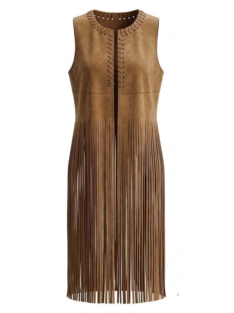 1970s Boho Western Cowgirl Faux Suede Fringe Long Vest: beautiful vintage outerwear, retro jacket, classic elegance with timeless appeal