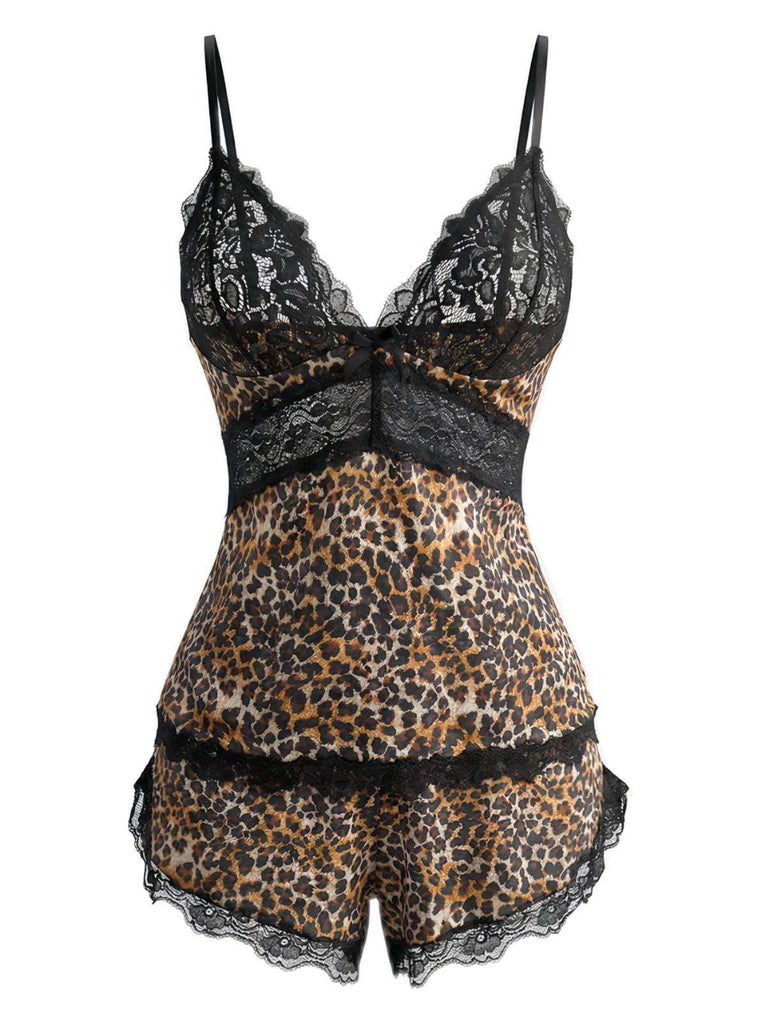 Brown 1970s Leopard Lace Spaghetti Strap Pajama Set - vintage fashion, retro style