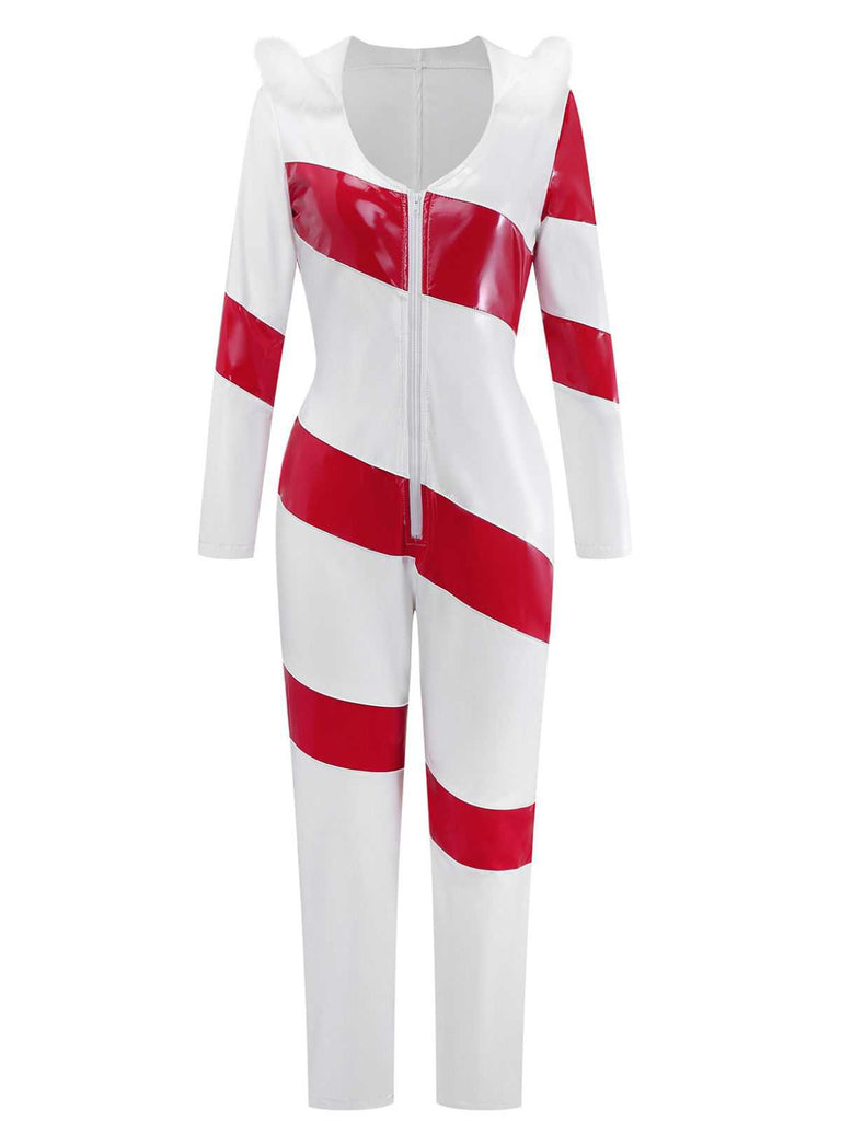 1970s Christmas Candy Cane Hooded Jumpsuit - vintage jumpsuit, retro fashion