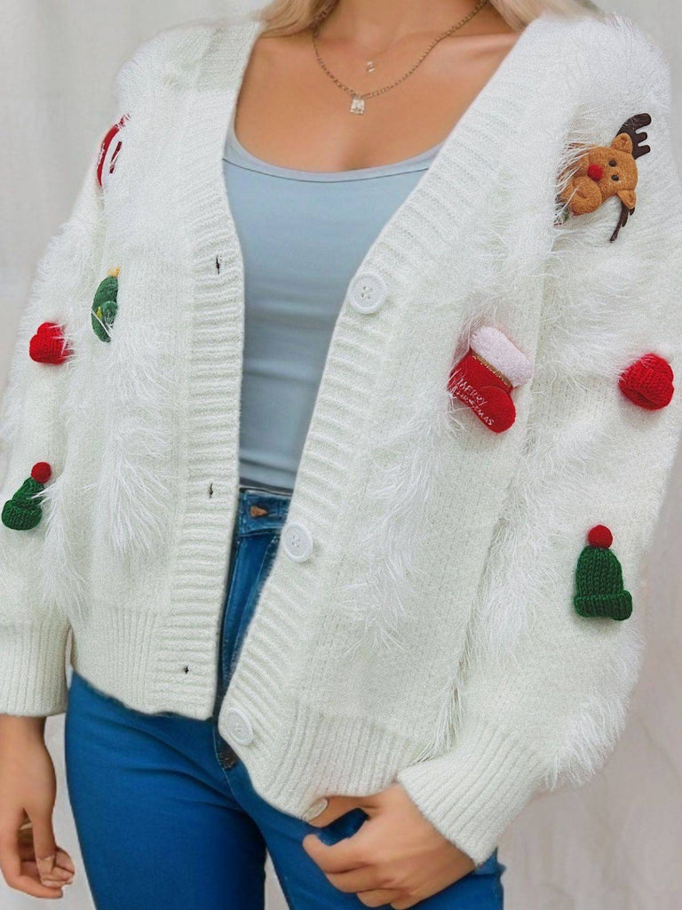1970s 3D Christmas Print Fluffy Knit Button Cardigan - vintage fashion, retro style