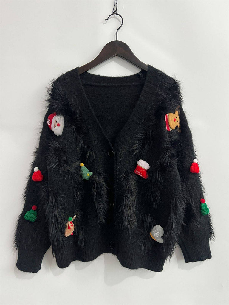 1970s 3D Christmas Print Fluffy Knit Button Cardigan - vintage fashion, retro style