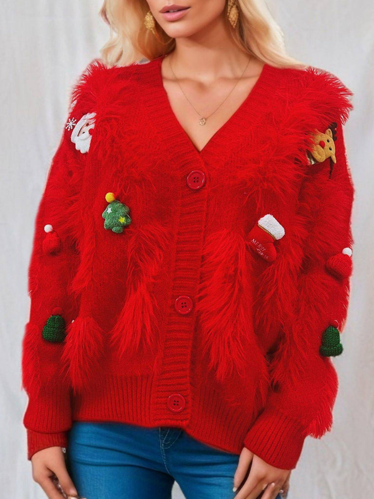 1970s 3D Christmas Print Fluffy Knit Button Cardigan - vintage fashion, retro style