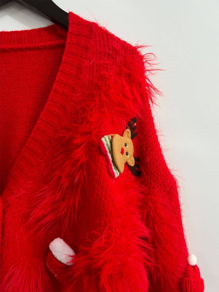 1970s 3D Christmas Print Fluffy Knit Button Cardigan - vintage fashion, retro style