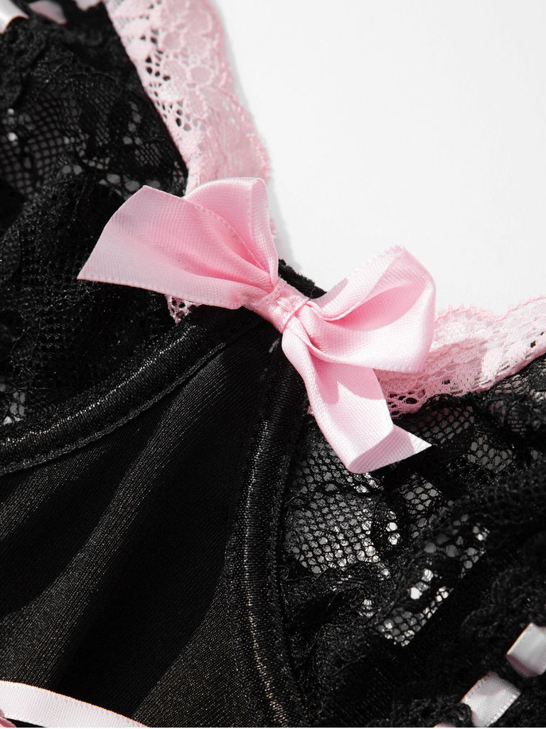 1970s Contrasted Lace Mesh Bow Lace-Up Lingerie Set - vintage fashion, retro style