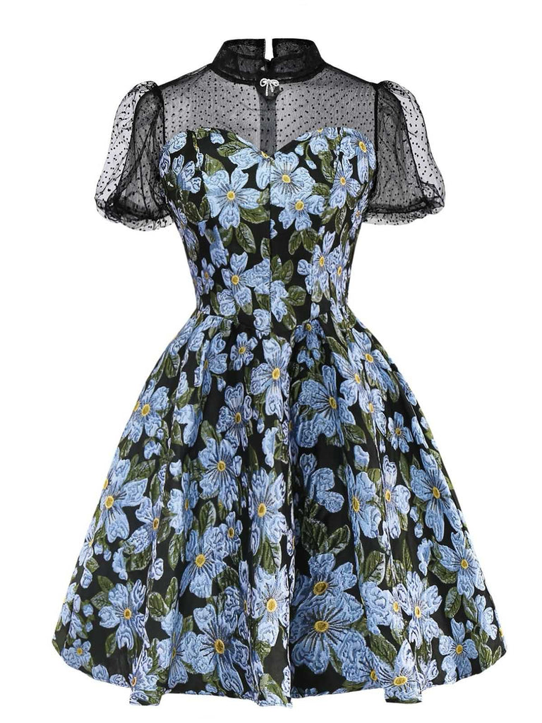 1970s Daisy Polka Dot Mesh Dress - vintage dress, retro fashion