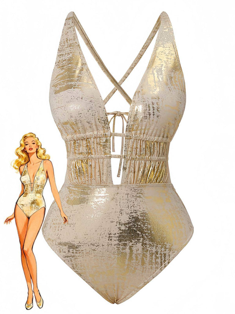 1970s Deep V Halter Distressed Textured One-Piece Swimsuit - vintage swimwear, retro swimsuit, pin-up style for vintage lovers