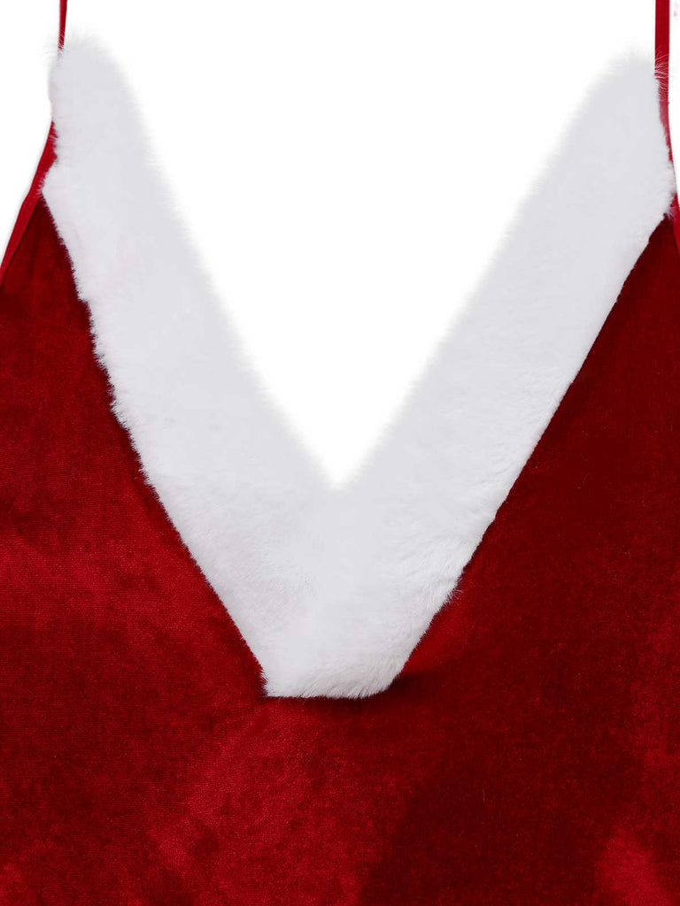 1970s Deep V Velvet Christmas Plush Bodysuit With Hat - vintage fashion, retro style