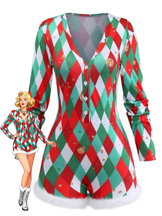 1970s Diamond Grid Christmas Raw Hem Romper - vintage jumpsuit, retro fashion