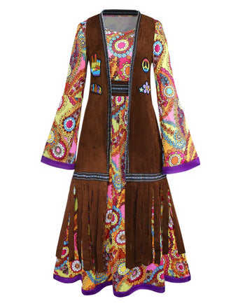 2PCS 1970s Fringe Vest & Psychedelic Hippie Costume Dress - vintage dress, retro fashion