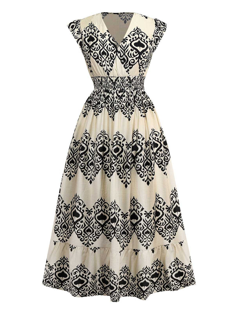 Apricot 1970s V-Neck Spades Prints Cap Sleeves Dress - vintage dress, retro fashion