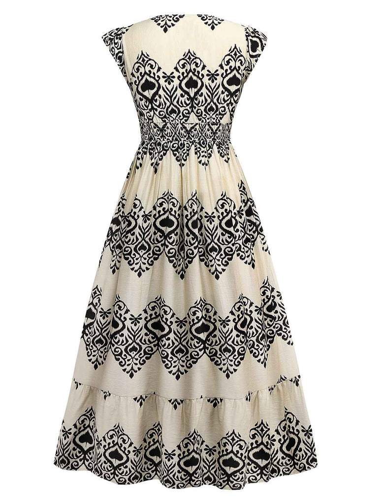 Apricot 1970s V-Neck Spades Prints Cap Sleeves Dress - vintage dress, retro fashion