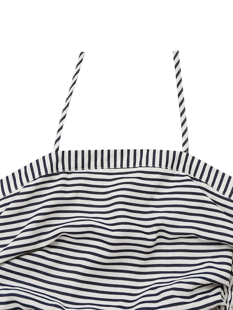 Black&White 1970s Striped Ruched Spaghetti Strap Dress - vintage dress, retro fashion, classic black