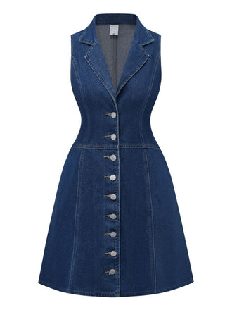 Deep Blue 1970s Denim Lapel Sleeveless Button Dress - vintage dress, retro fashion