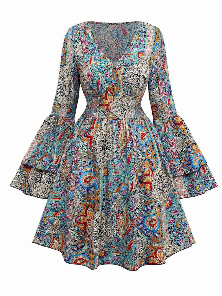 Multicolor 1970s Bohemian Paisley Floral Bell Sleeve Dress - vintage dress, retro fashion