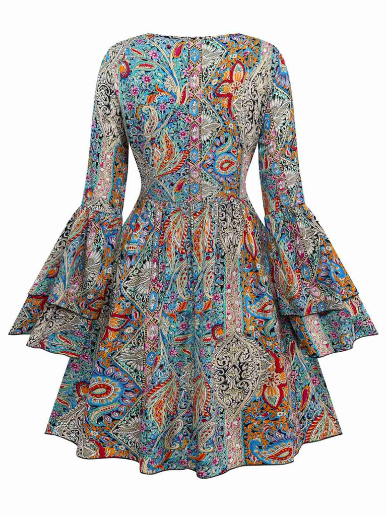 Multicolor 1970s Bohemian Paisley Floral Bell Sleeve Dress - vintage dress, retro fashion
