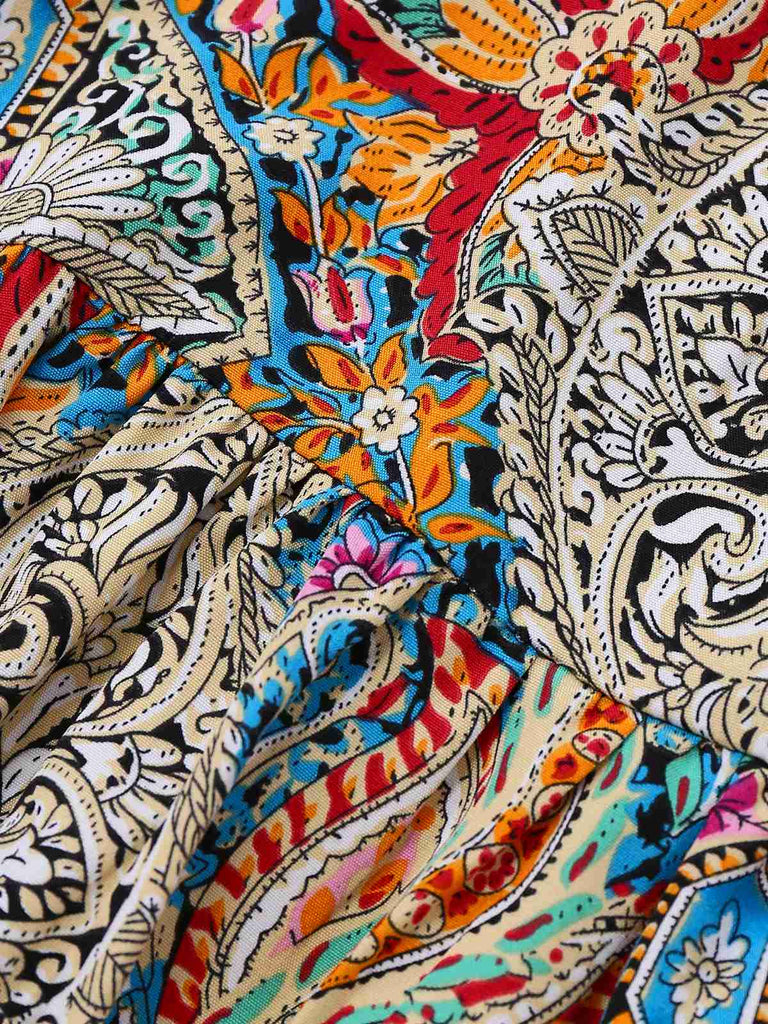 Multicolor 1970s Bohemian Paisley Floral Bell Sleeve Dress - vintage dress, retro fashion