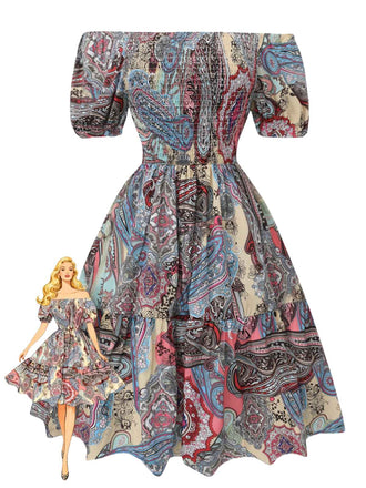 Multicolor 1970s Boho Paisley Print Smocked Puff Dress - vintage dress, retro fashion