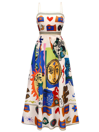 Multicolor 1970s Spaghetti Strap Graffiti Print Dress - vintage dress, retro fashion