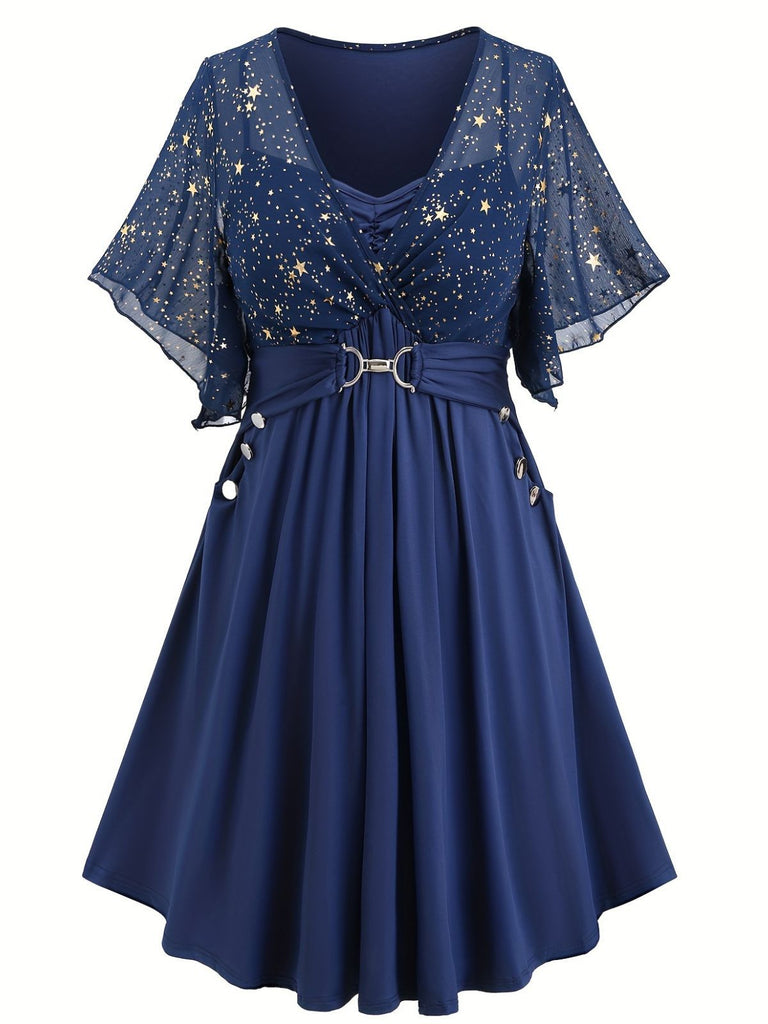Navy Blue 1970s Star Print Ruffle Flounce Sleeve Dress - vintage dress, retro fashion