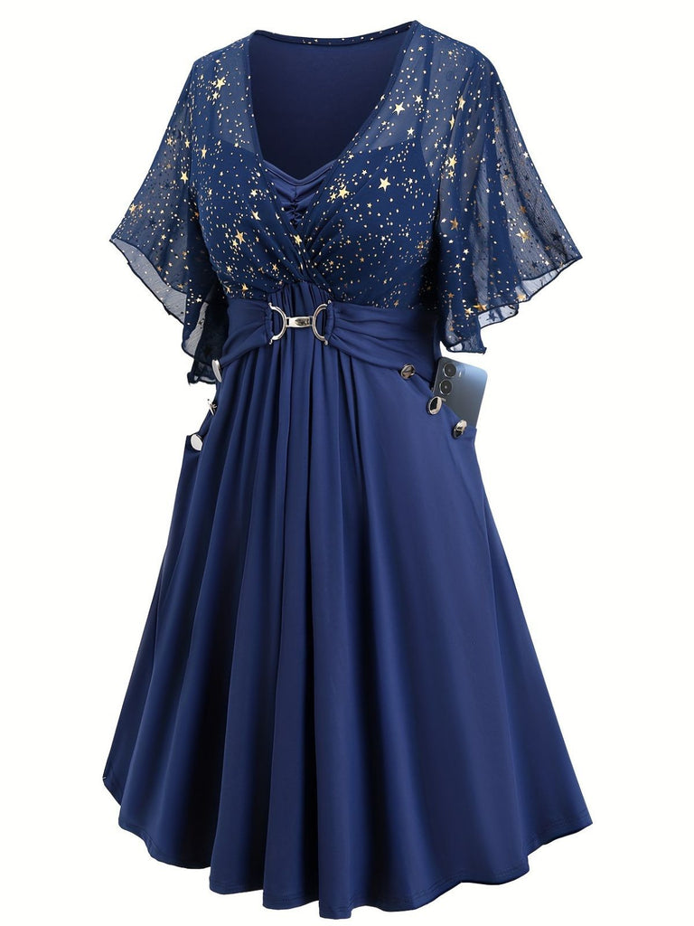 Navy Blue 1970s Star Print Ruffle Flounce Sleeve Dress - vintage dress, retro fashion
