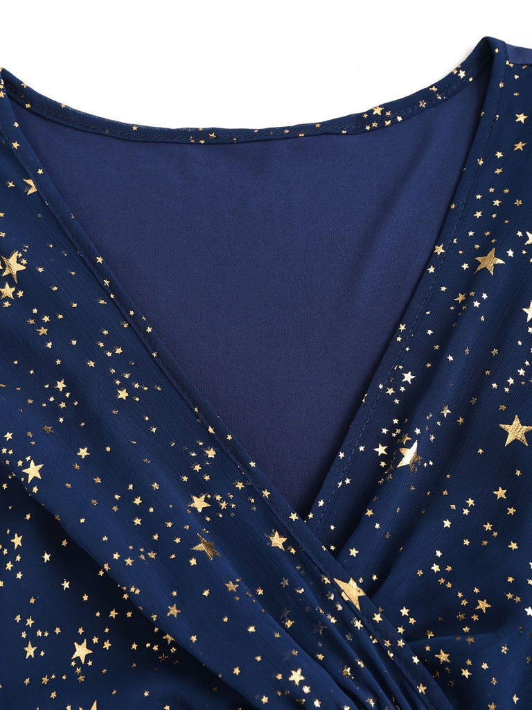 Navy Blue 1970s Star Print Ruffle Flounce Sleeve Dress - vintage dress, retro fashion
