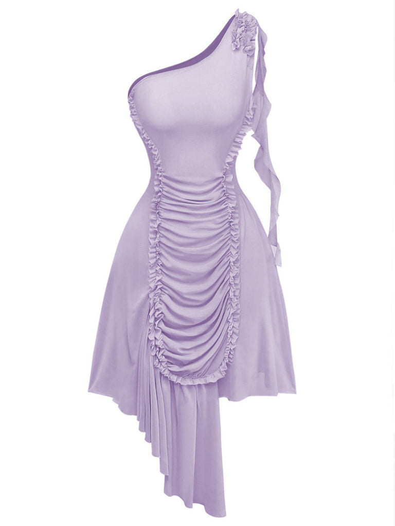Purple 1970s Mesh One-Shoulder Ruffled Asymmetrical Dress - vintage dress, retro fashion