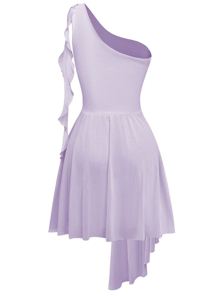 Purple 1970s Mesh One-Shoulder Ruffled Asymmetrical Dress - vintage dress, retro fashion