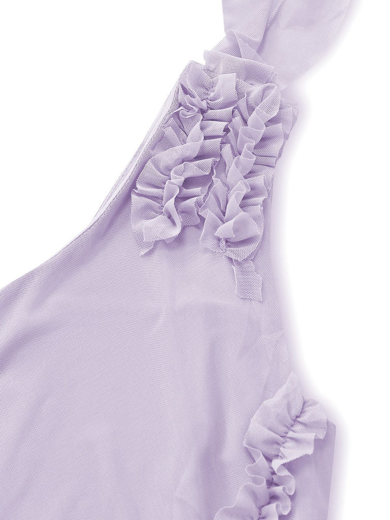 Purple 1970s Mesh One-Shoulder Ruffled Asymmetrical Dress - vintage dress, retro fashion