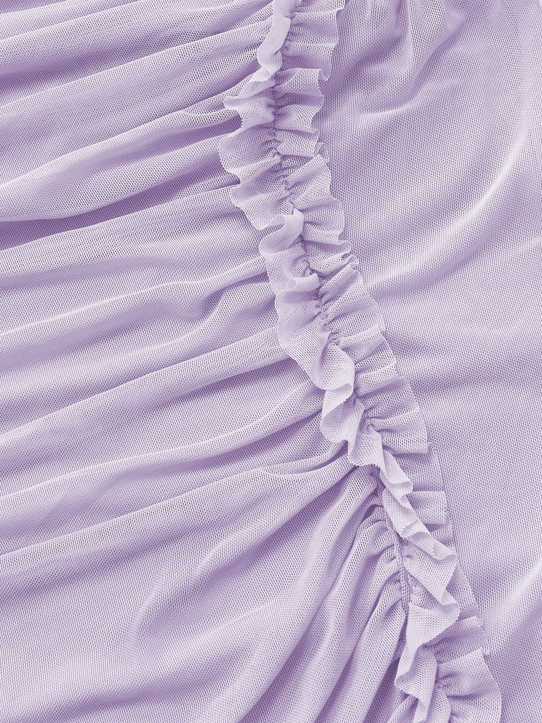 Purple 1970s Mesh One-Shoulder Ruffled Asymmetrical Dress - vintage dress, retro fashion