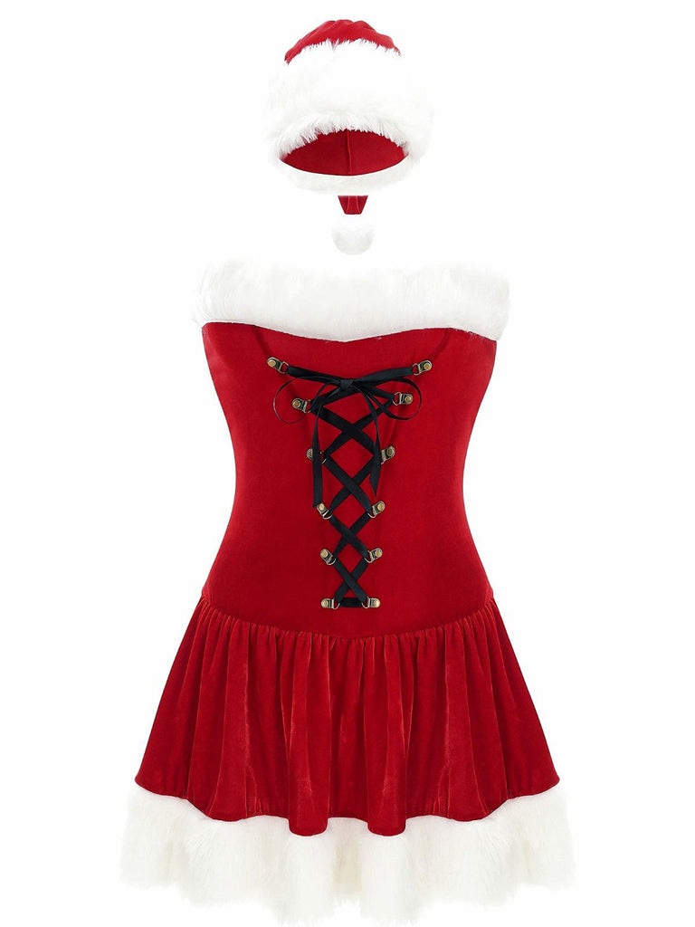 Red 1970s Christmas Plush Lace-Up Strapless Santa Dress - vintage dress, retro fashion, elegant red