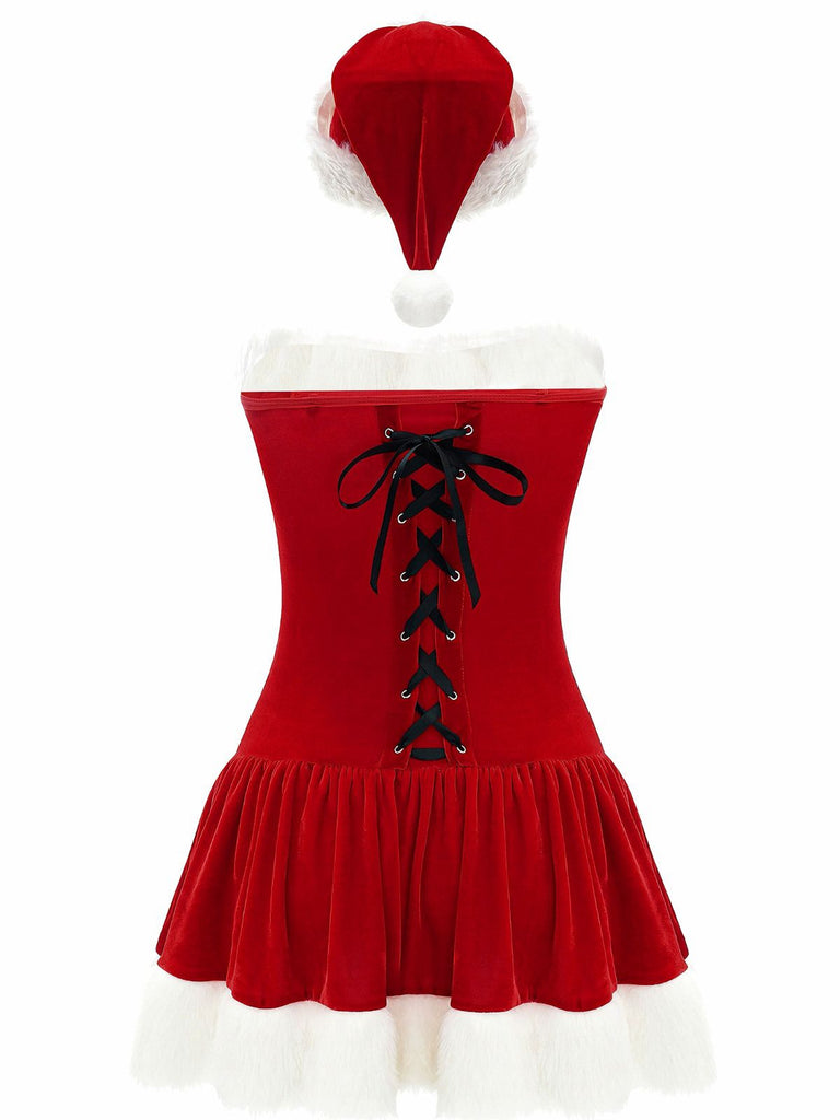 Red 1970s Christmas Plush Lace-Up Strapless Santa Dress - vintage dress, retro fashion, elegant red