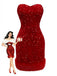 Red 1970s Velvet Sequin Faux Fur Trim Strapless Dress - vintage dress, retro fashion, elegant red