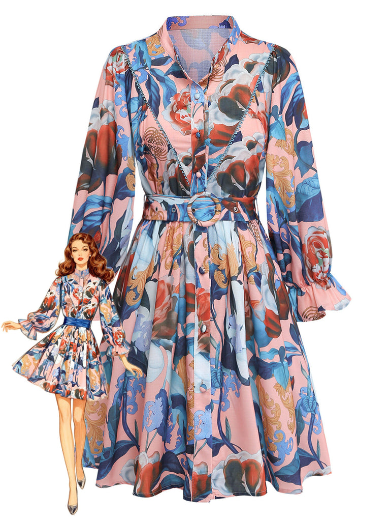 1970s Floral Lantern Sleeve Shirt Collar Belted Dress - vintage dress, retro fashion, floral print for vintage lovers