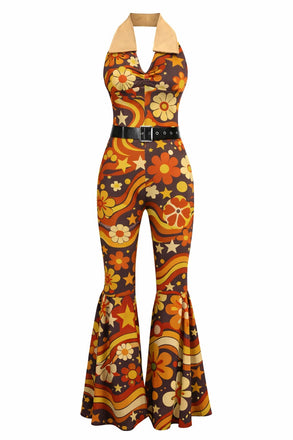 1970s Floral Print Patchwork Halter Jumpsuit - vintage jumpsuit, retro chic for women