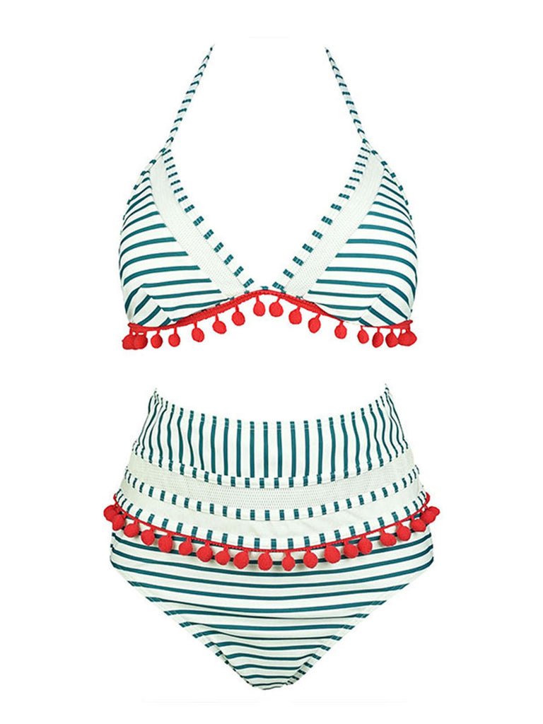 1970s Fur Ball Pendant Tassel Striped Swimsuit, vintage swimsuit, pin-up swimwear - perfect for women who love vintage and retro fashion