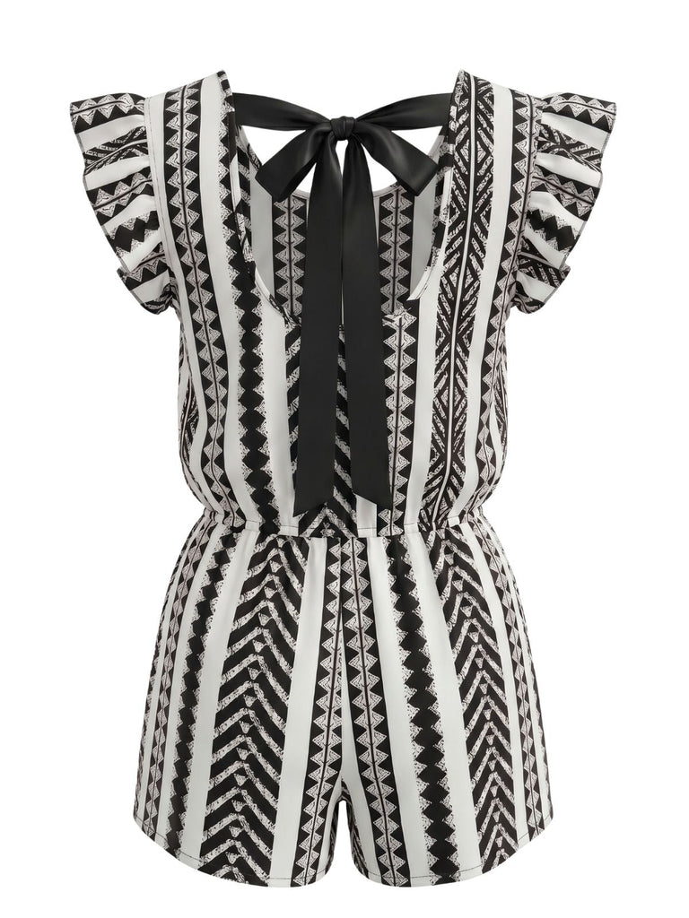 Red 1940s Print Striped Ruffle Romper 6