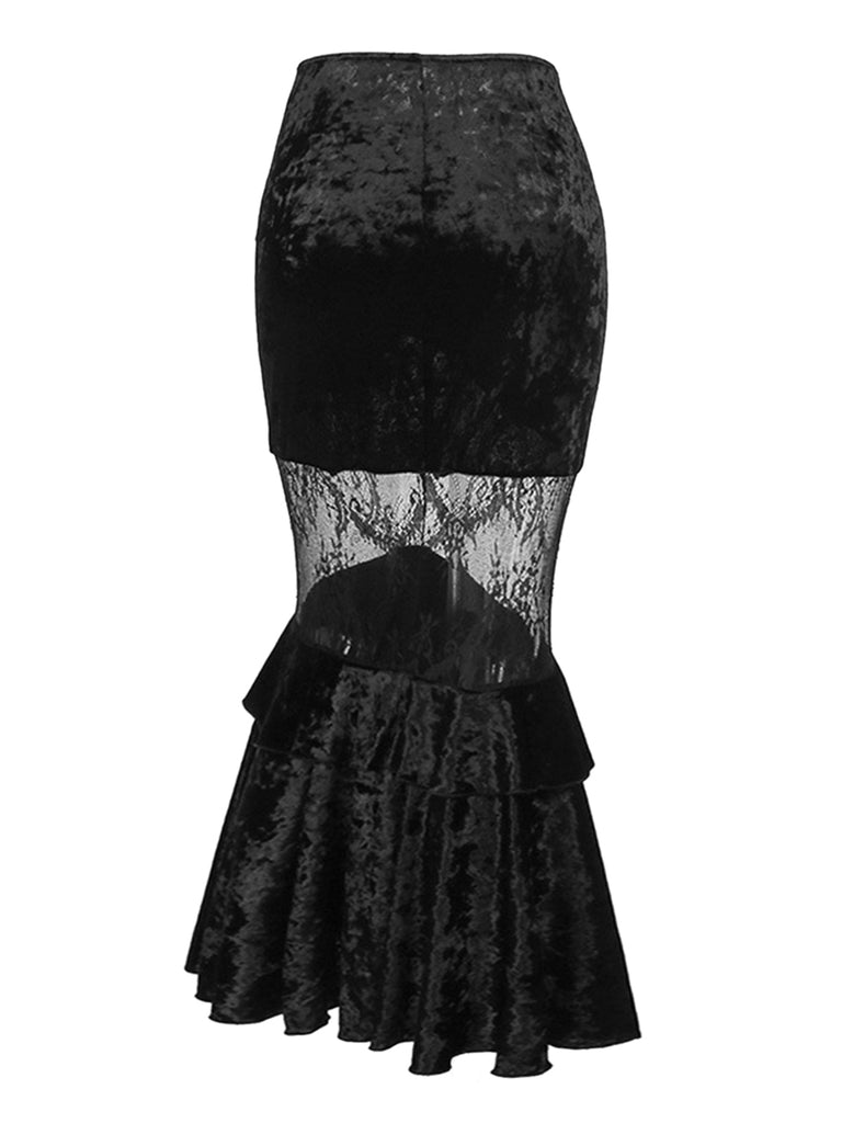 1970s Gothic Velvet Lace Tiered Mermaid Skirt, vintage skirt, retro style - perfect for women who love vintage and retro fashion
