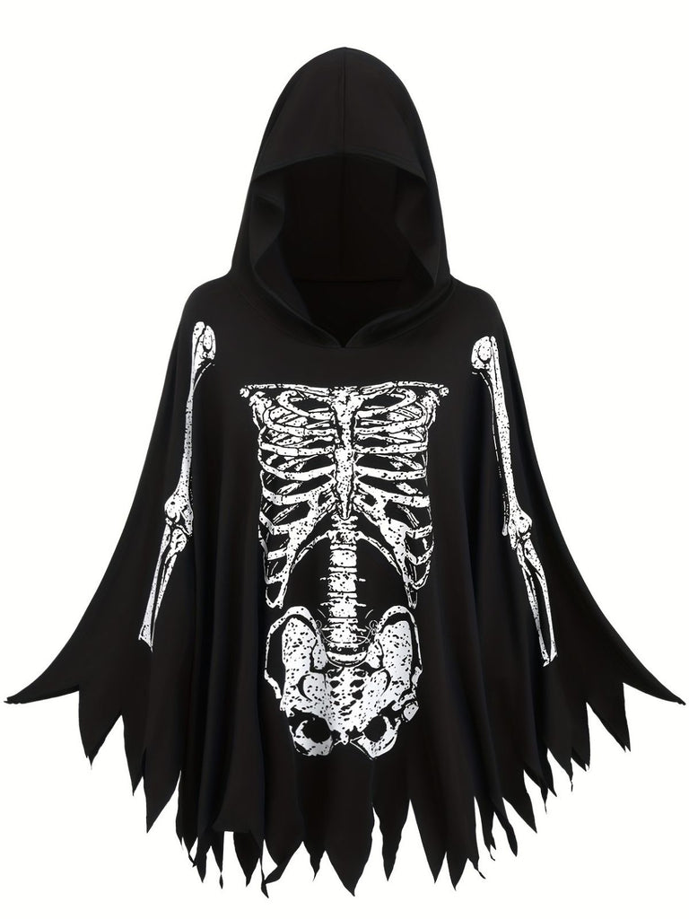 1970s Halloween Skeleton Bone Print Hooded Cape - vintage fashion, retro style