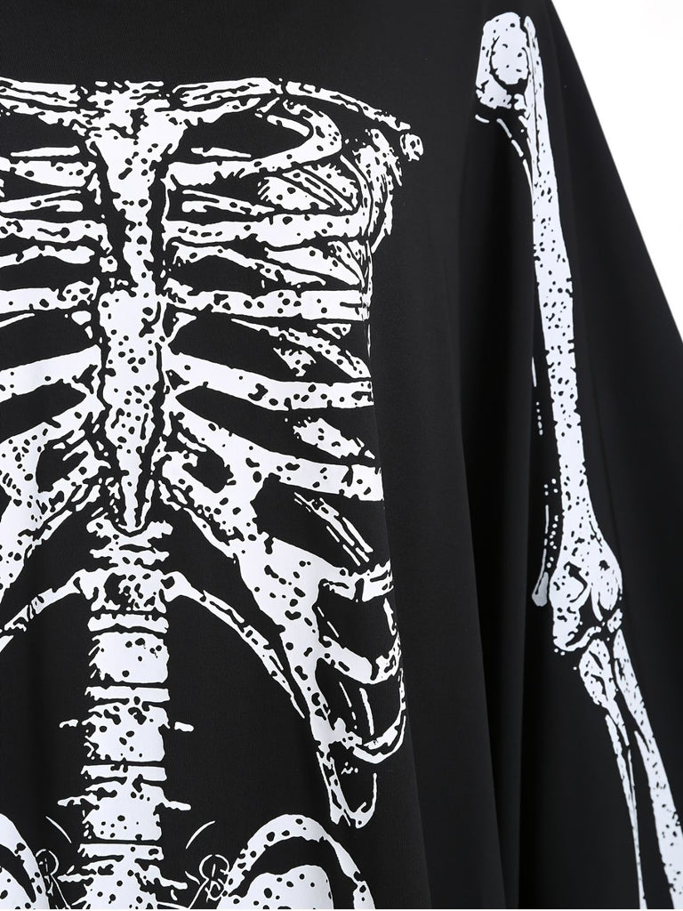 1970s Halloween Skeleton Bone Print Hooded Cape - vintage fashion, retro style