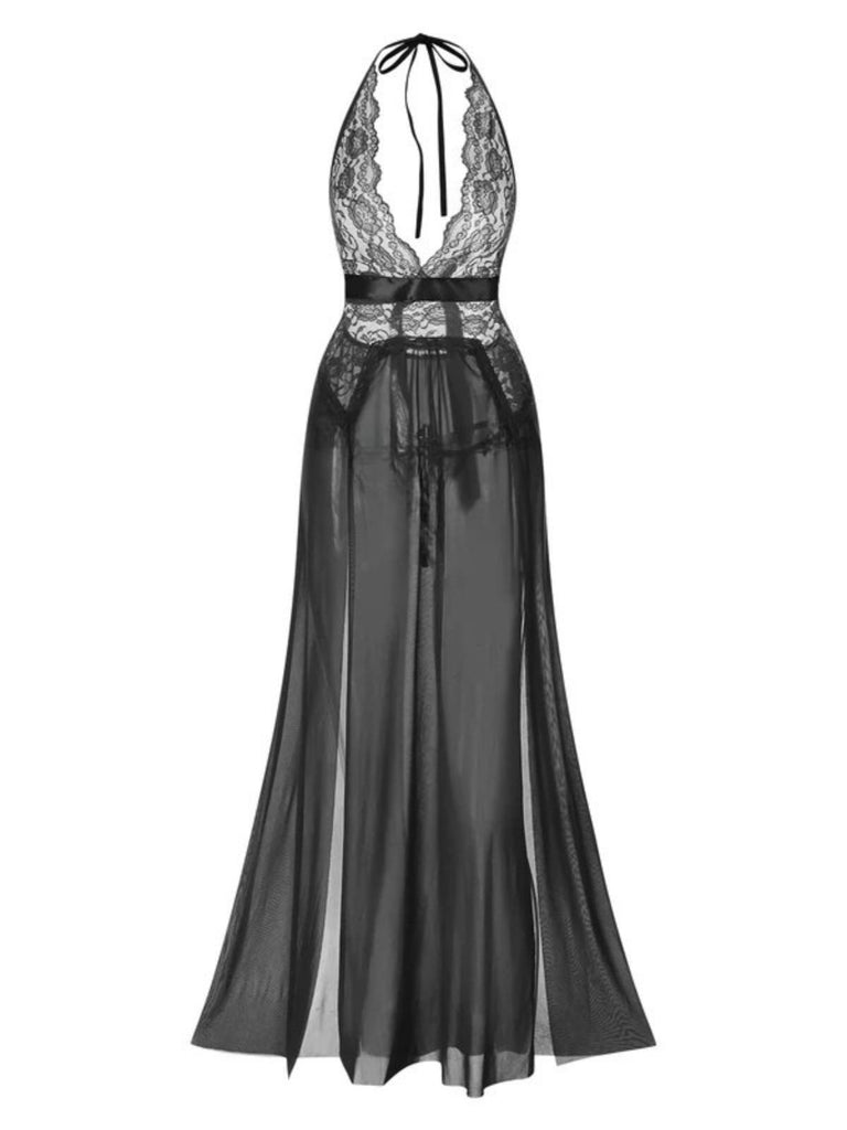 1970s Halter Sheer Lace Slit Long Nightgown — a 1970s silhouette that turns sidewalks into runways
