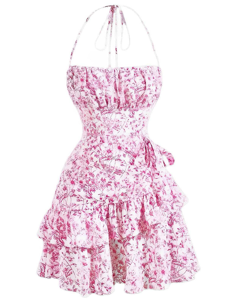 1970s Halter Tiered Ruffle Floral Dress - vintage dress, retro fashion, elegant red
