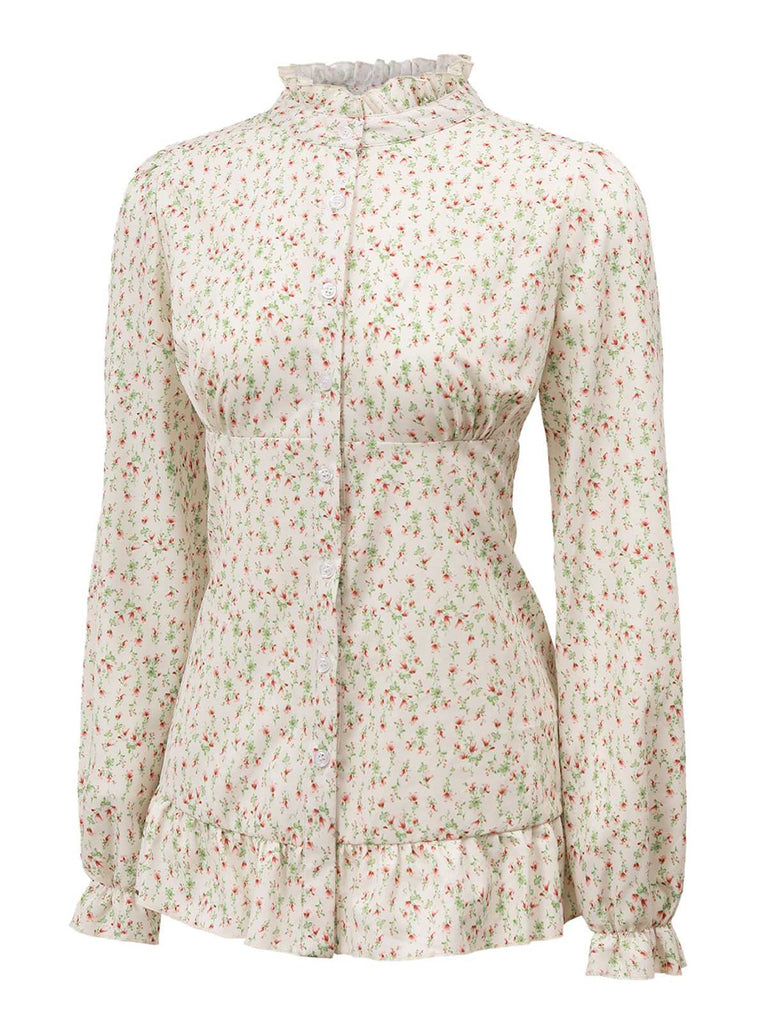 1970s High Neck Ditsy Floral Ruffles Blouse: a 1970s classic that whispers rather than shouts