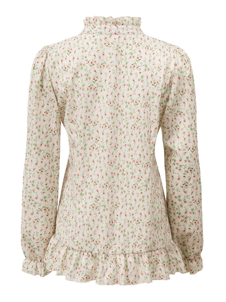 This 1970s High Neck Ditsy Floral Ruffles Blouse brings 1970s soul to her everyday